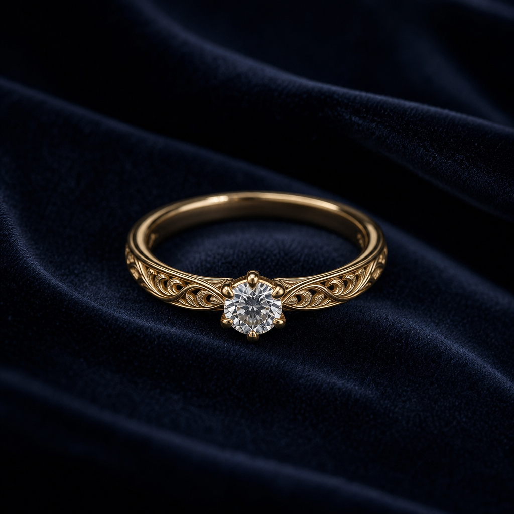 Lead close-up of a custom engagement ring in yellow gold with an oval center diamond and pavé band