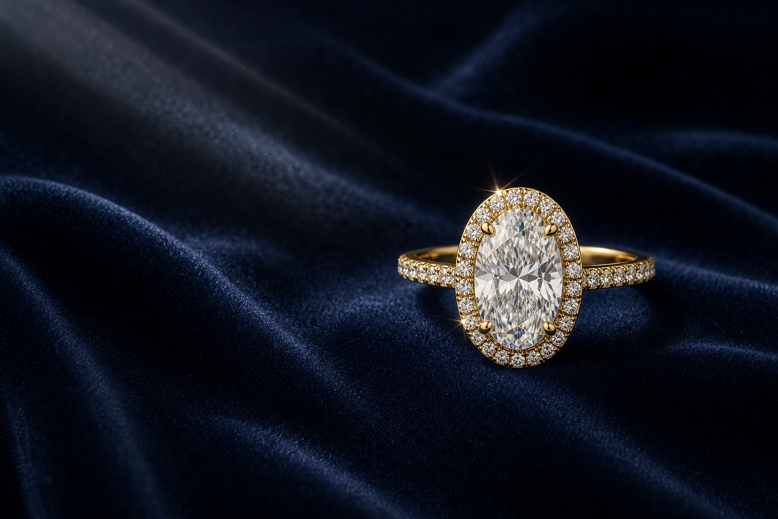 Photorealistic luxury jewelry scene with a deep dark navy-blue velvet background, natural velvet folds, and a clearly visible oval halo diamond engagement ring on the right in a yellow-gold setting with small diamonds along the band