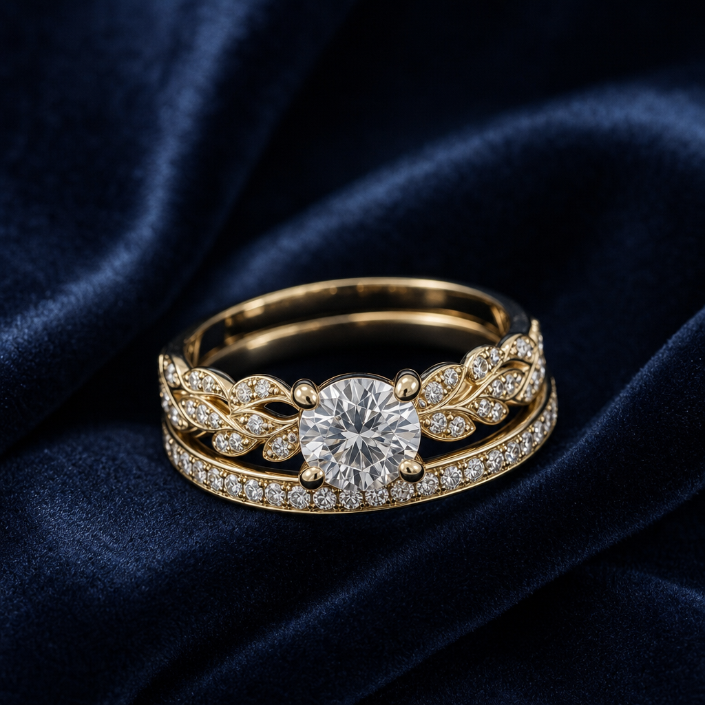 Bespoke engagement ring in polished gold with a central gemstone on a soft neutral editorial background