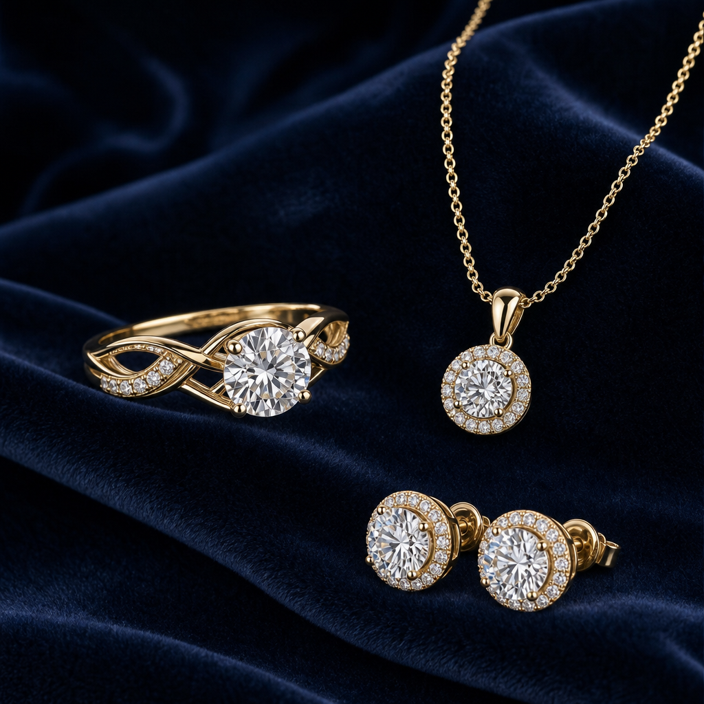 Pair of custom wedding bands in mixed precious metals styled on a refined neutral jewelry display