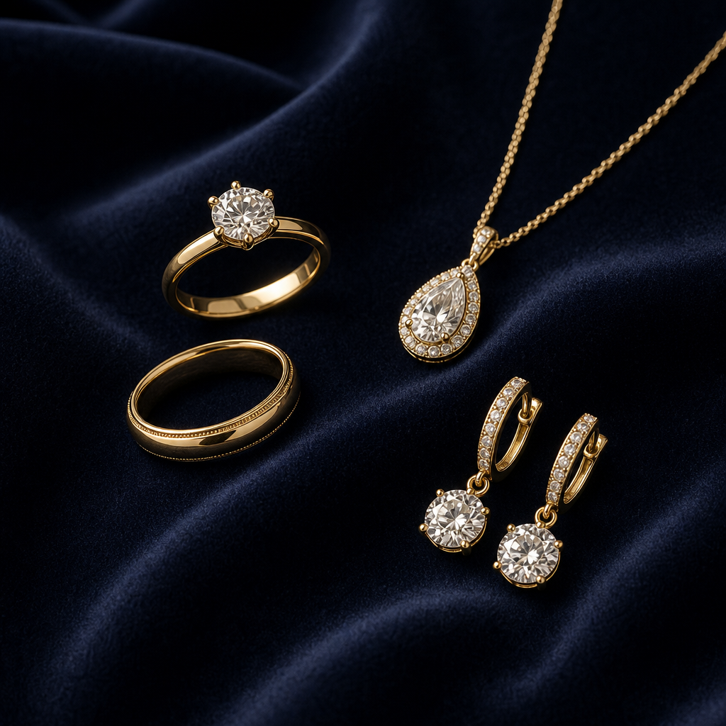 Large editorial image of newly crafted custom jewelry with warm metallic highlights on a bright luxury backdrop