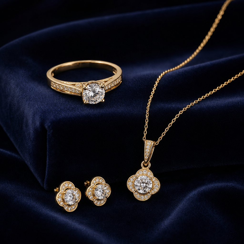 Symbolic jewelry composition featuring a slim gold cross pendant beside a christening keepsake ring