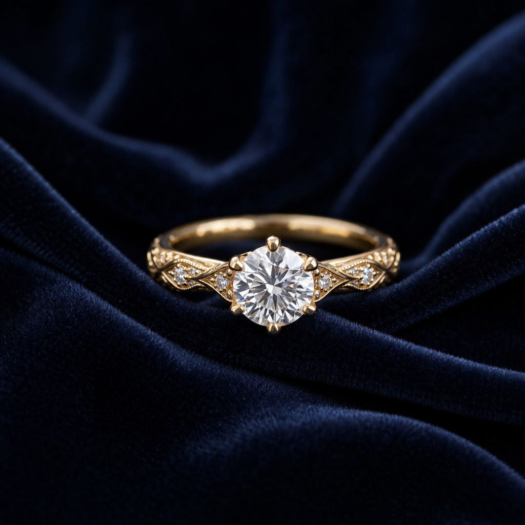 Refined close-up of a custom-crafted engagement ring with delicate metalwork and a luminous center stone