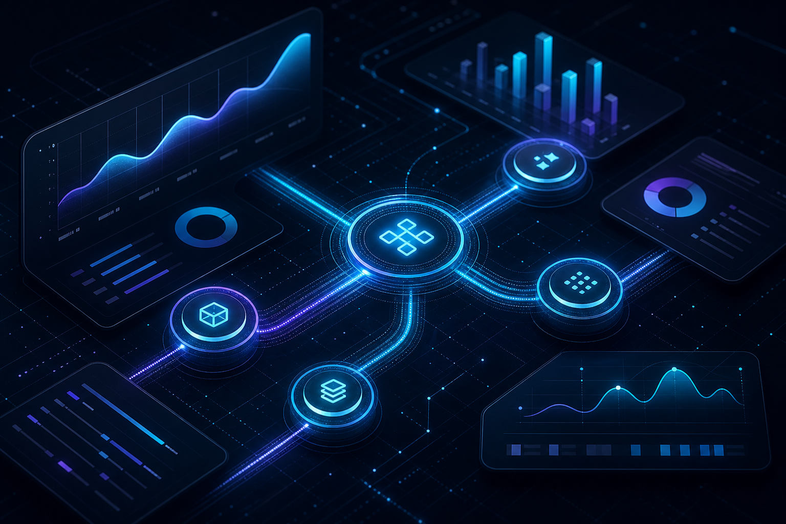 Abstract Kimi AI token-flow dashboard with glowing infrastructure lines and token nodes