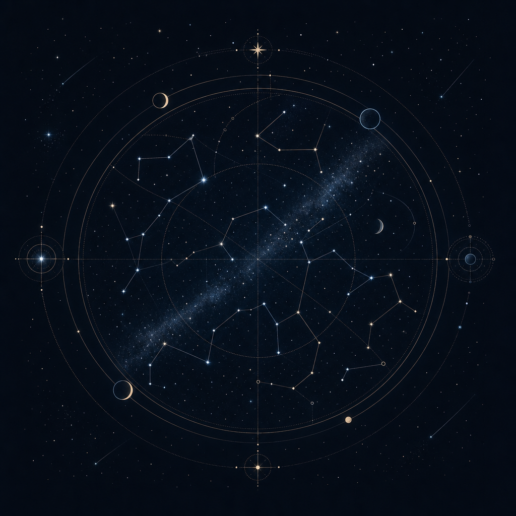 Fine-line celestial star map illustration with constellation links, orbit circles, and tiny labeled star points in a calm scientific style