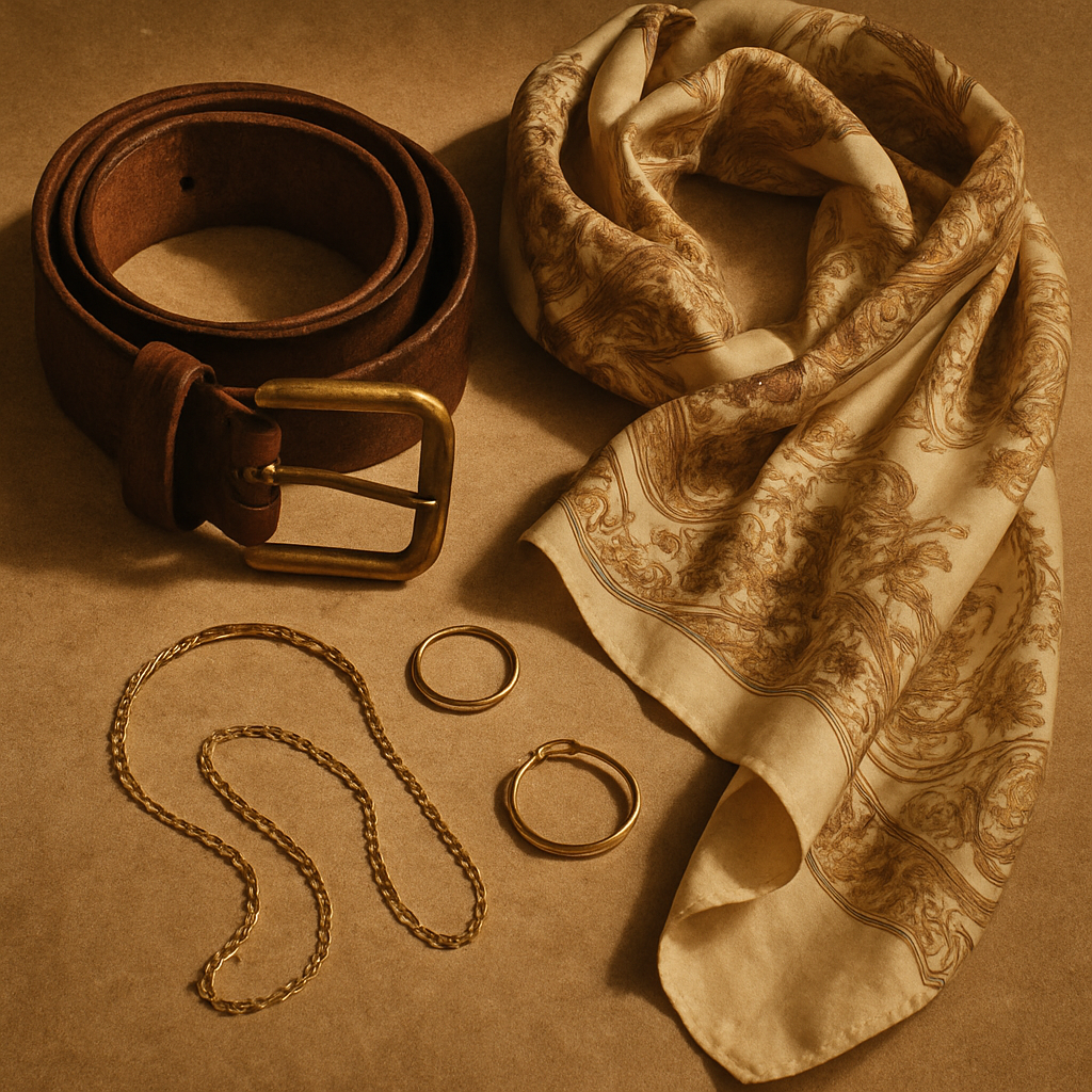 Vintage accessories still life with leather belt, silk scarf, and gold jewelry