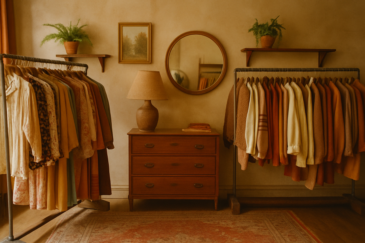 Warm film photograph of a vintage clothing boutique interior