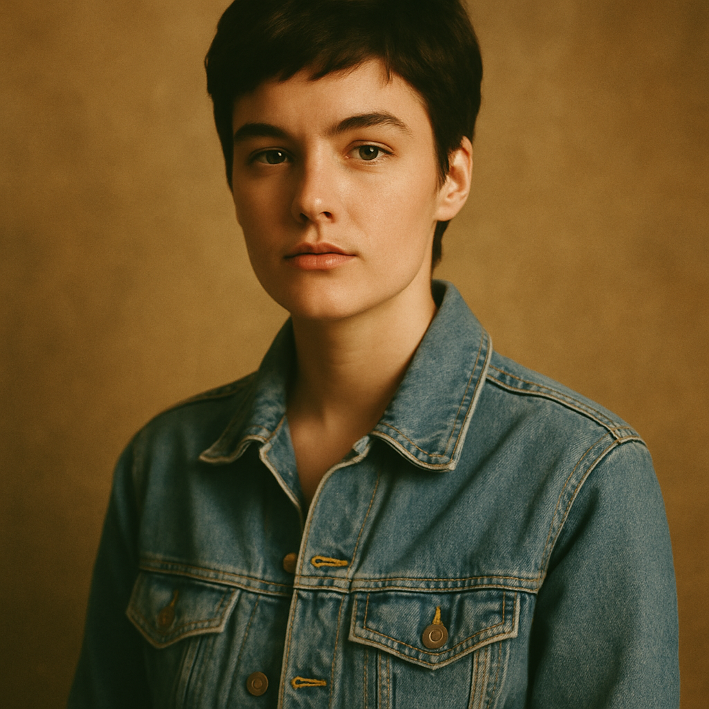 Portrait of a customer with short dark hair, wearing a faded blue denim jacket