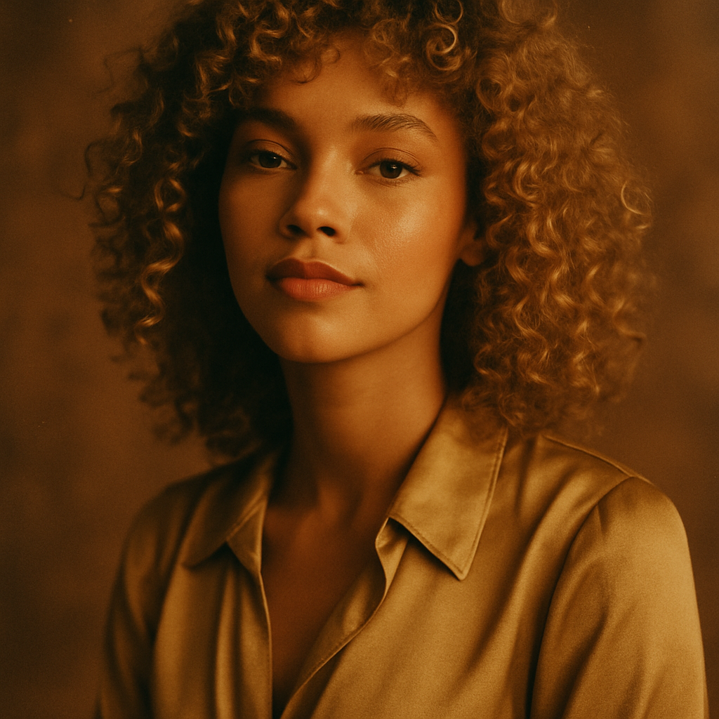Portrait of a customer with honey-blonde curls, wearing a muted gold blouse
