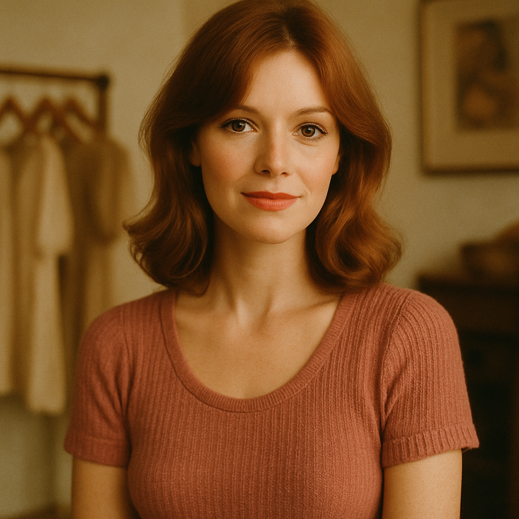 Portrait of a customer with soft auburn hair, wearing a dusty rose knit top