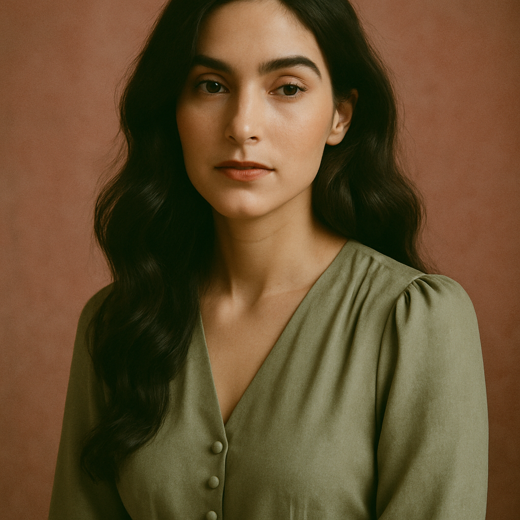Portrait of a customer with long wavy black hair, wearing a sage green blouse