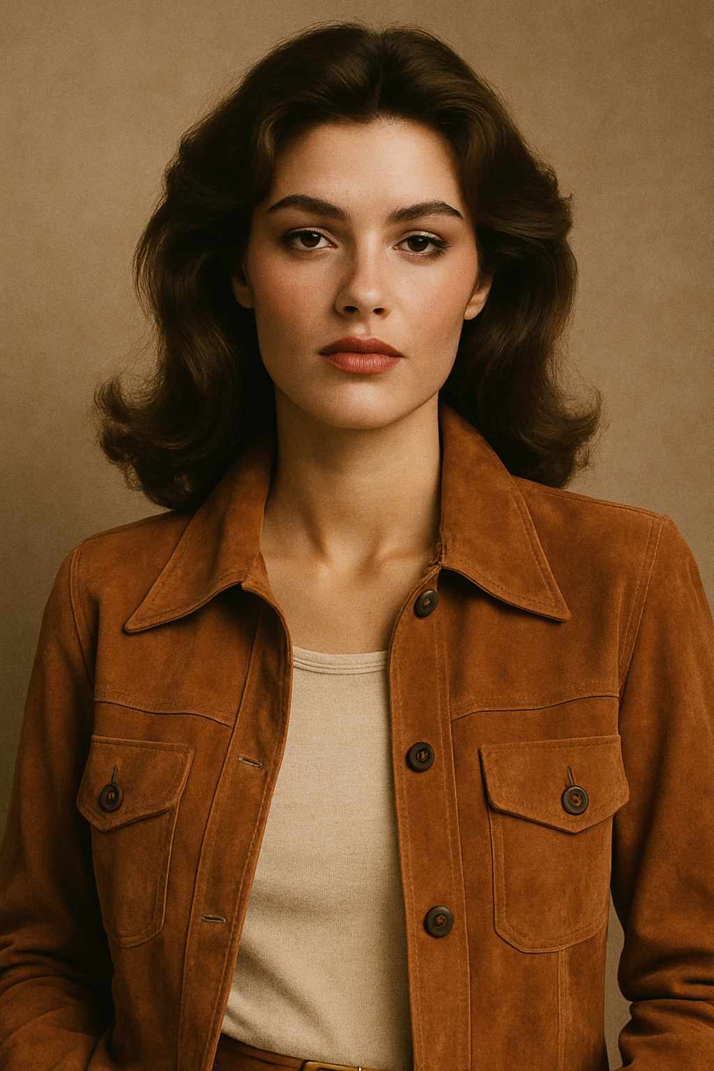 Model wearing a vintage suede jacket with warm retro styling