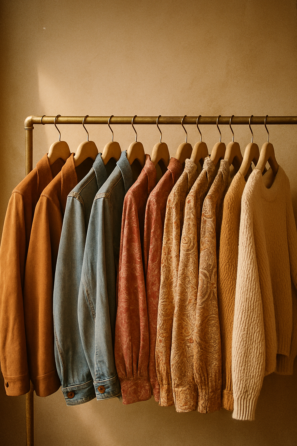 Warm film photo of vintage clothing racks with jackets, denim, and patterned shirts