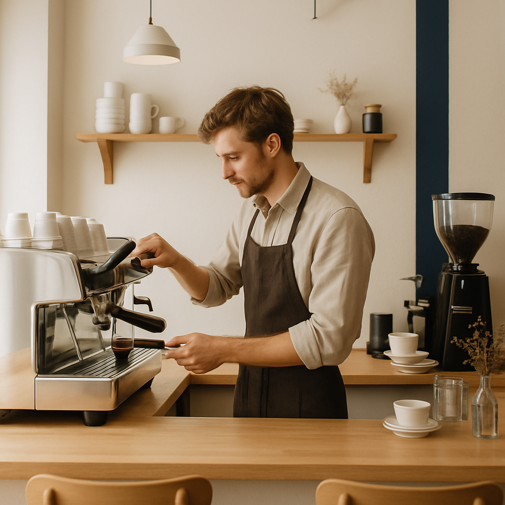 Barista preparing espresso at a light wood counter