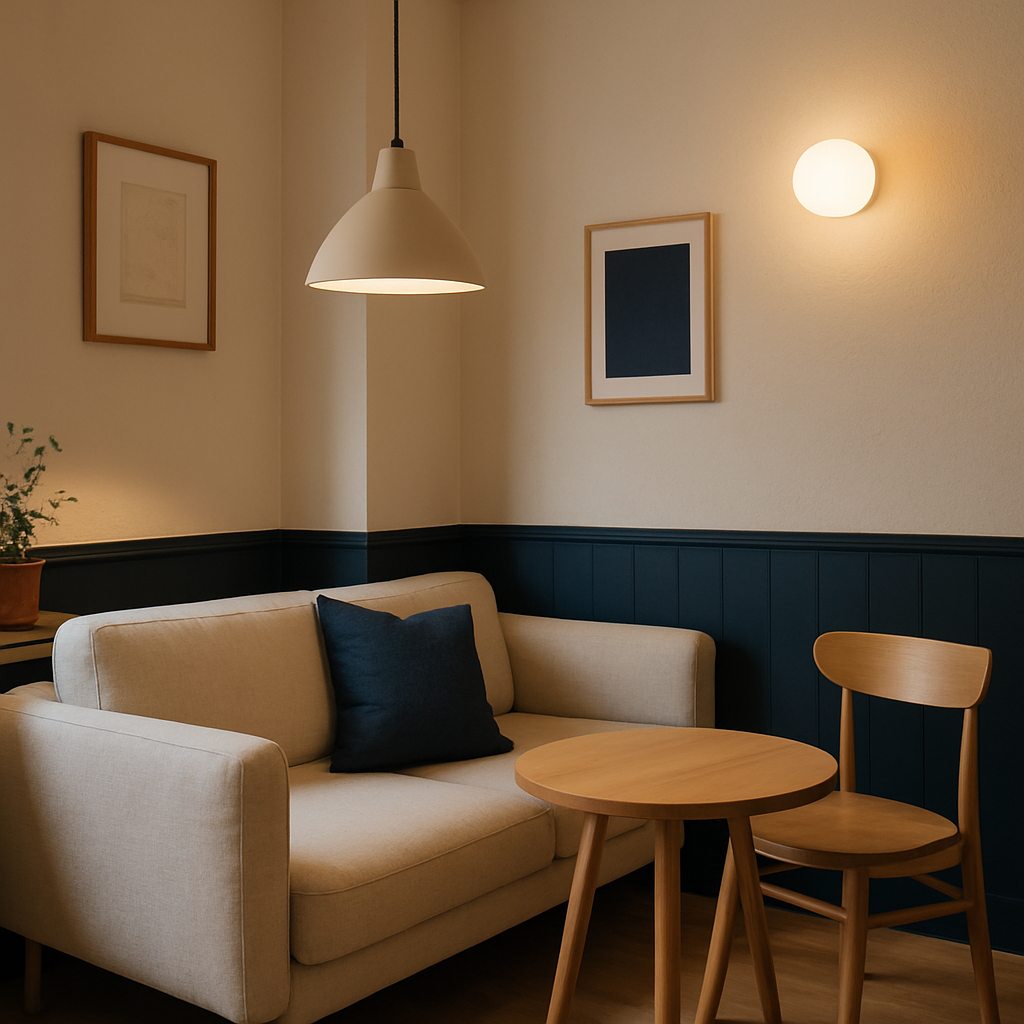Cozy corner with a navy cushion and light wood table