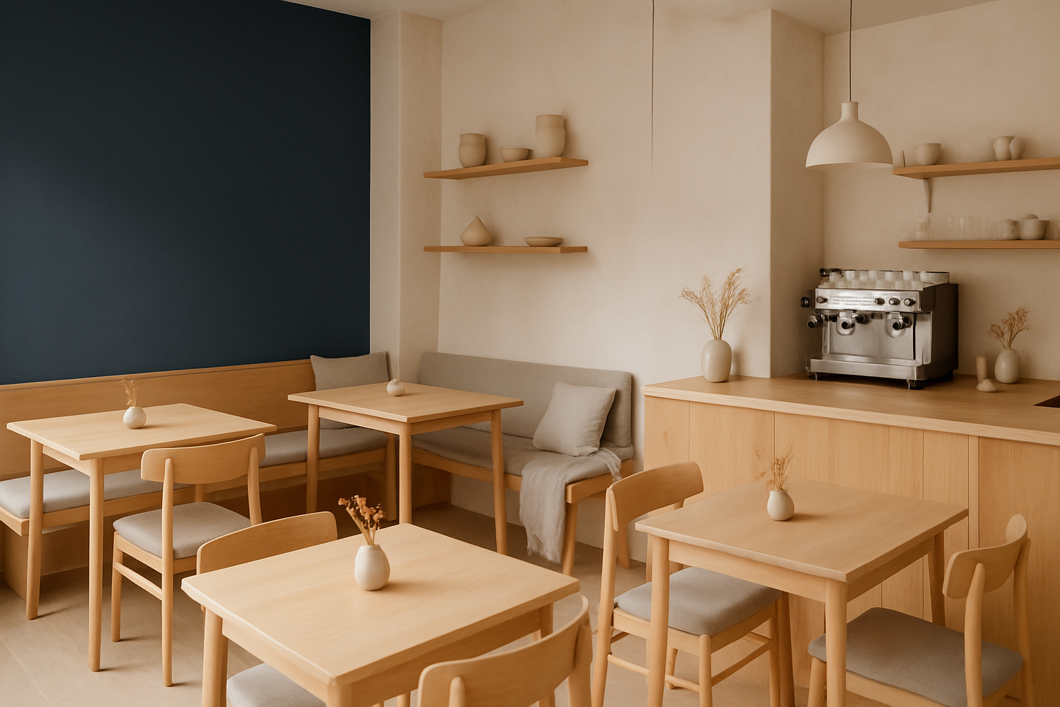 Cozy Scandinavian cafe interior with light wood, navy accents, and soft natural light