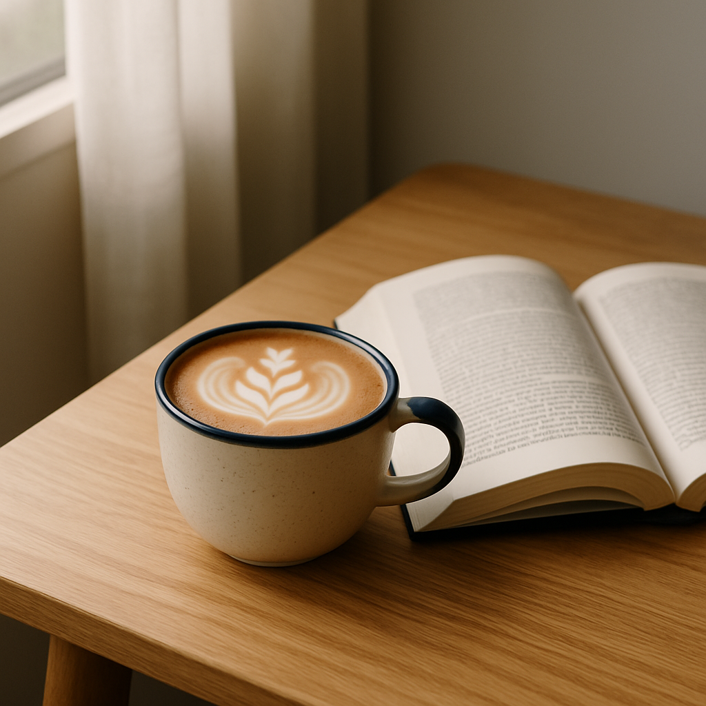 Latte on a table beside an open book