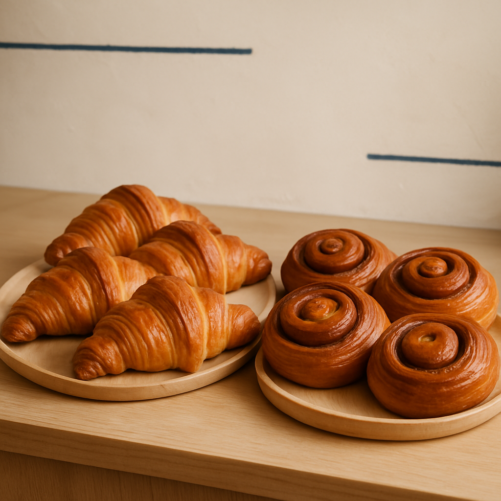 Pastry display on a light wood counter
