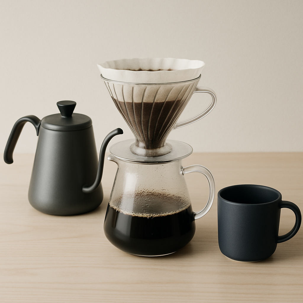 Pour-over coffee brewing setup with glass dripper