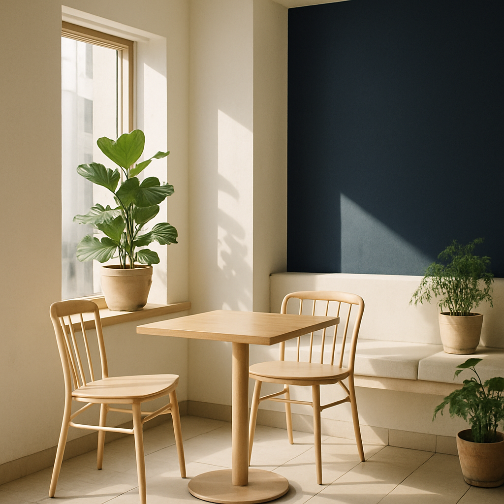 Sunlit window seating with cozy chairs and plants