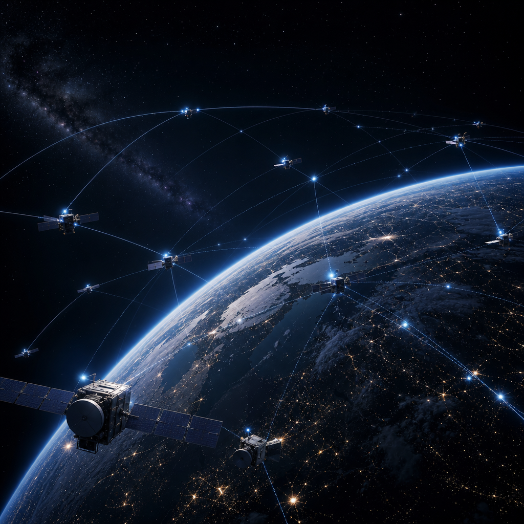 在地球上方运行的高端通信卫星渲染图
