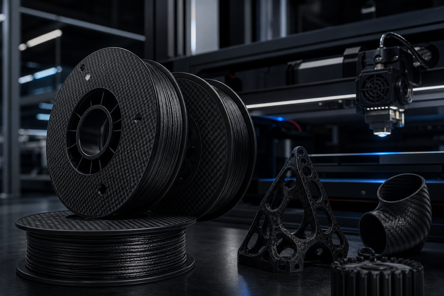 spools of recycled carbon-fiber reinforced filament beside advanced additive manufacturing equipment