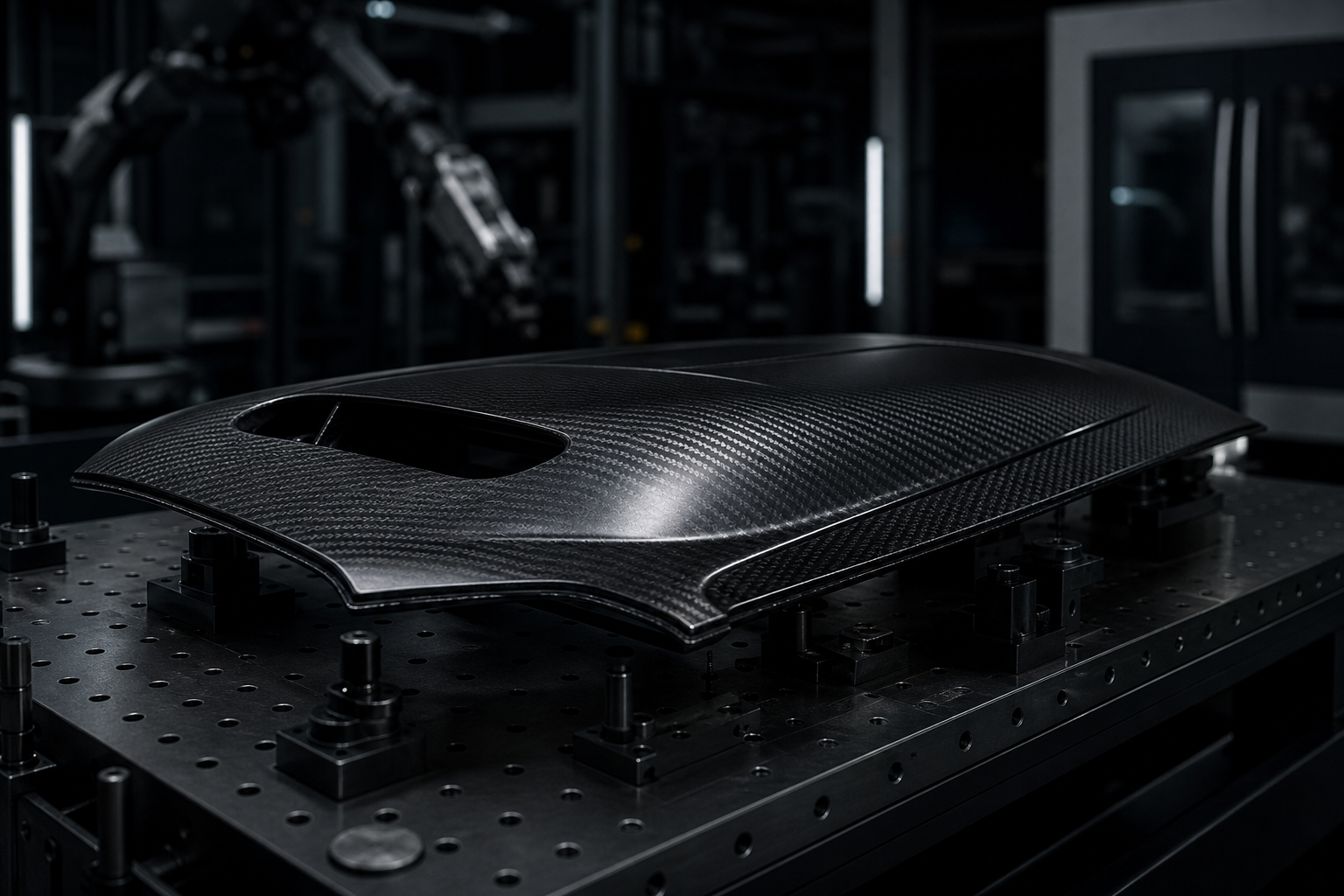 engineered carbon-fiber composite mobility panel prototype on a precision manufacturing table