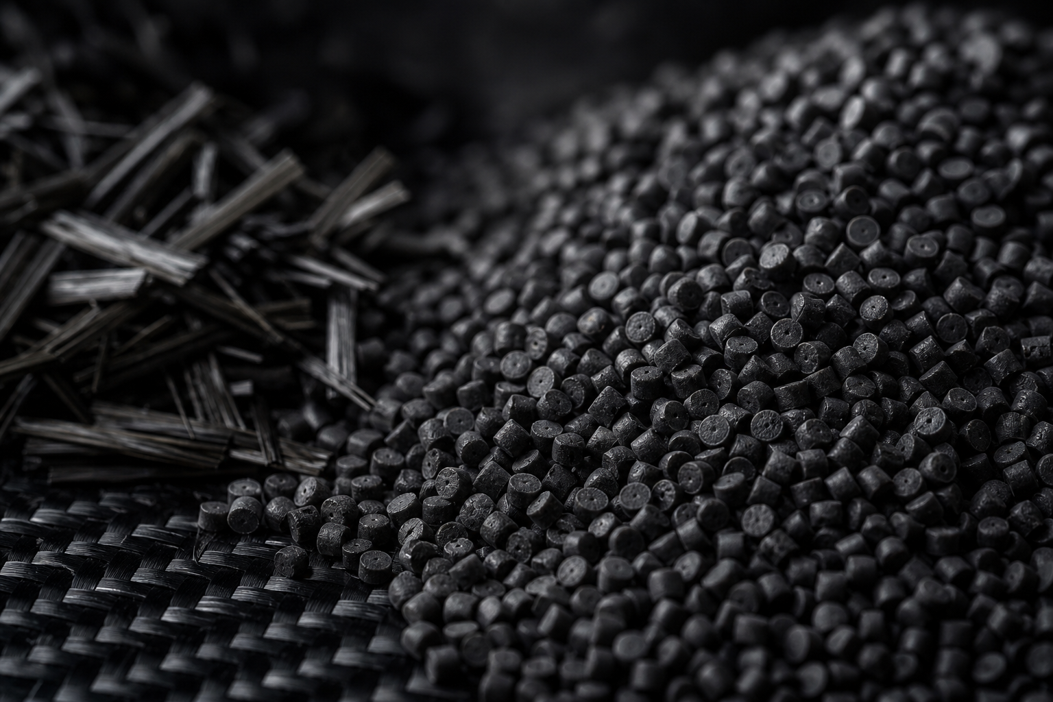 dark recycled carbon-fiber polymer pellets and feedstock strands prepared for industrial molding