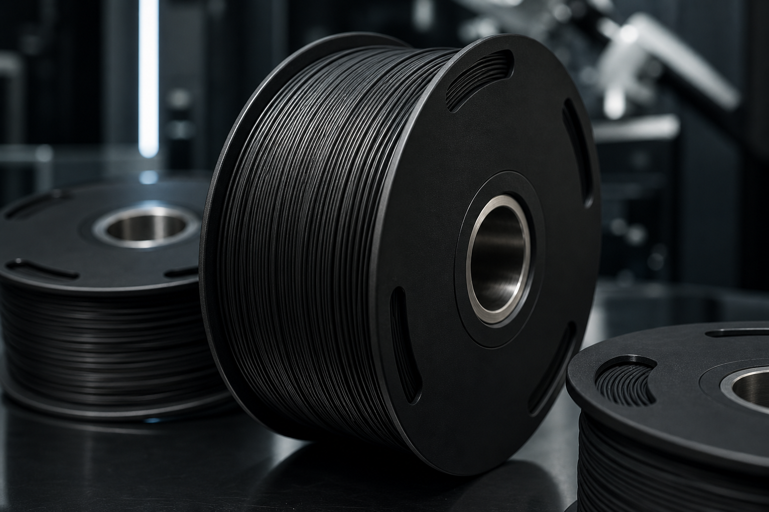Matte black spools of recycled carbon-fiber filament with tight winding detail in a controlled lab setting