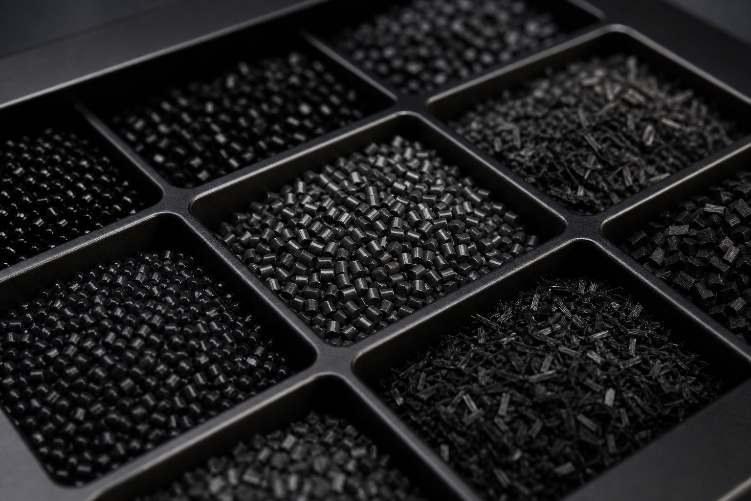 Industrial macro of carbon-fiber polymer compound pellets in mixed black and graphite granules