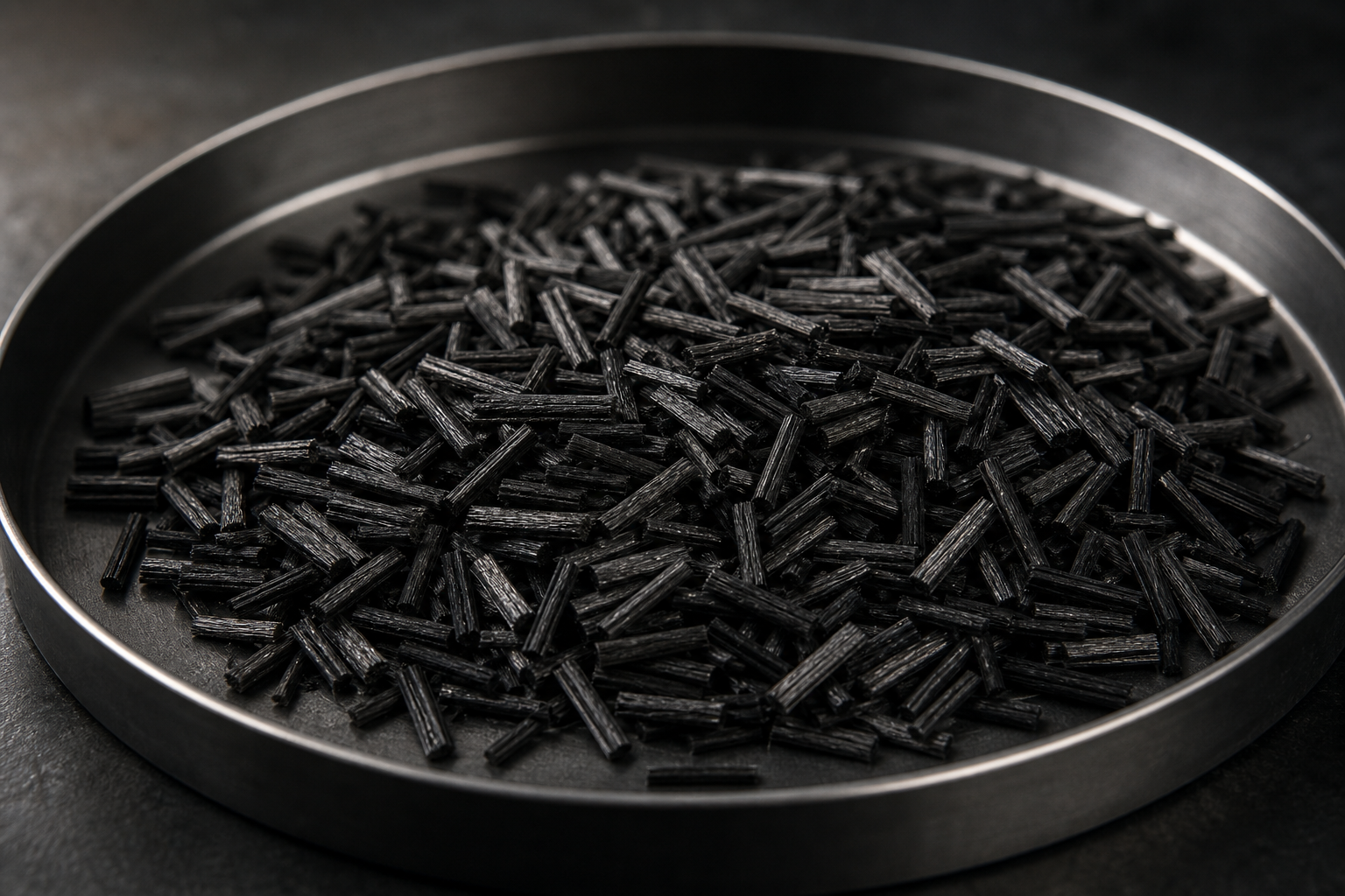Close-up tray of chopped carbon-fiber pieces with sharp short lengths and dense matte-black texture