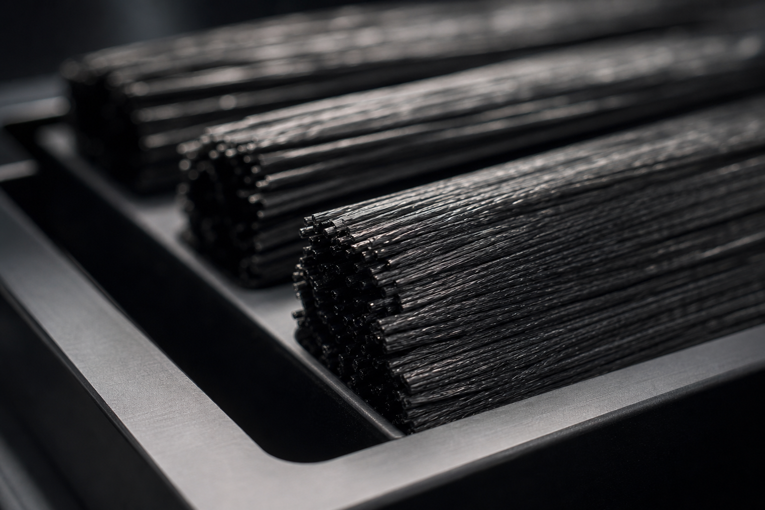 Macro view of clean recovered carbon-fiber bundles with aligned black filaments and subtle metallic highlights