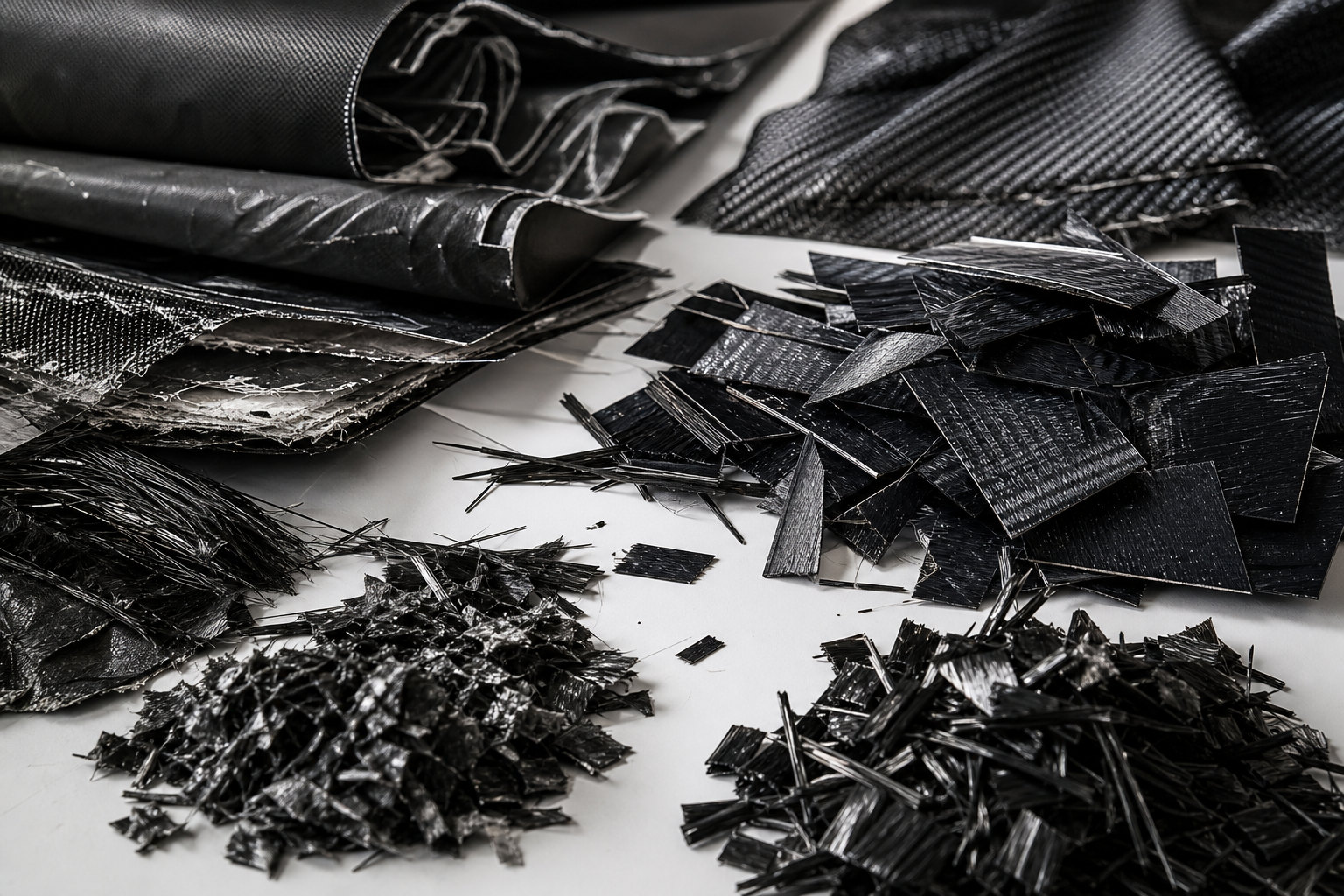 Macro industrial view of carbon-fiber scrap offcuts and prepreg remnants layered in a controlled processing environment
