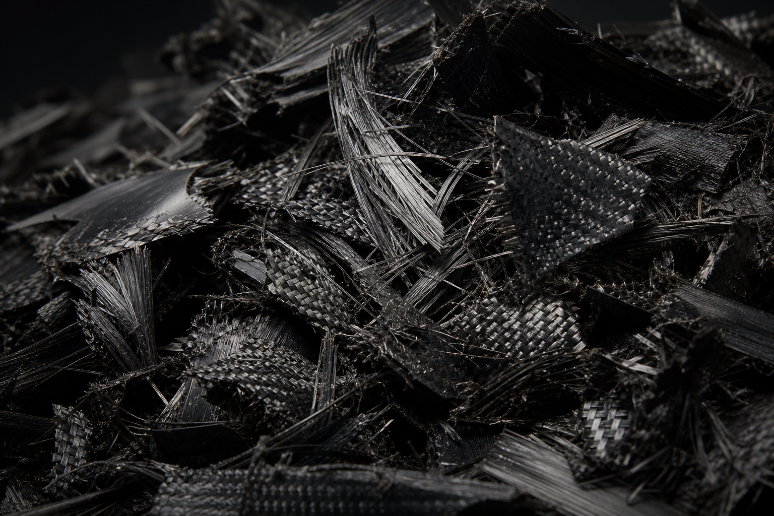 Macro view of tangled carbon-fiber production scrap with frayed strands and dark woven fragments