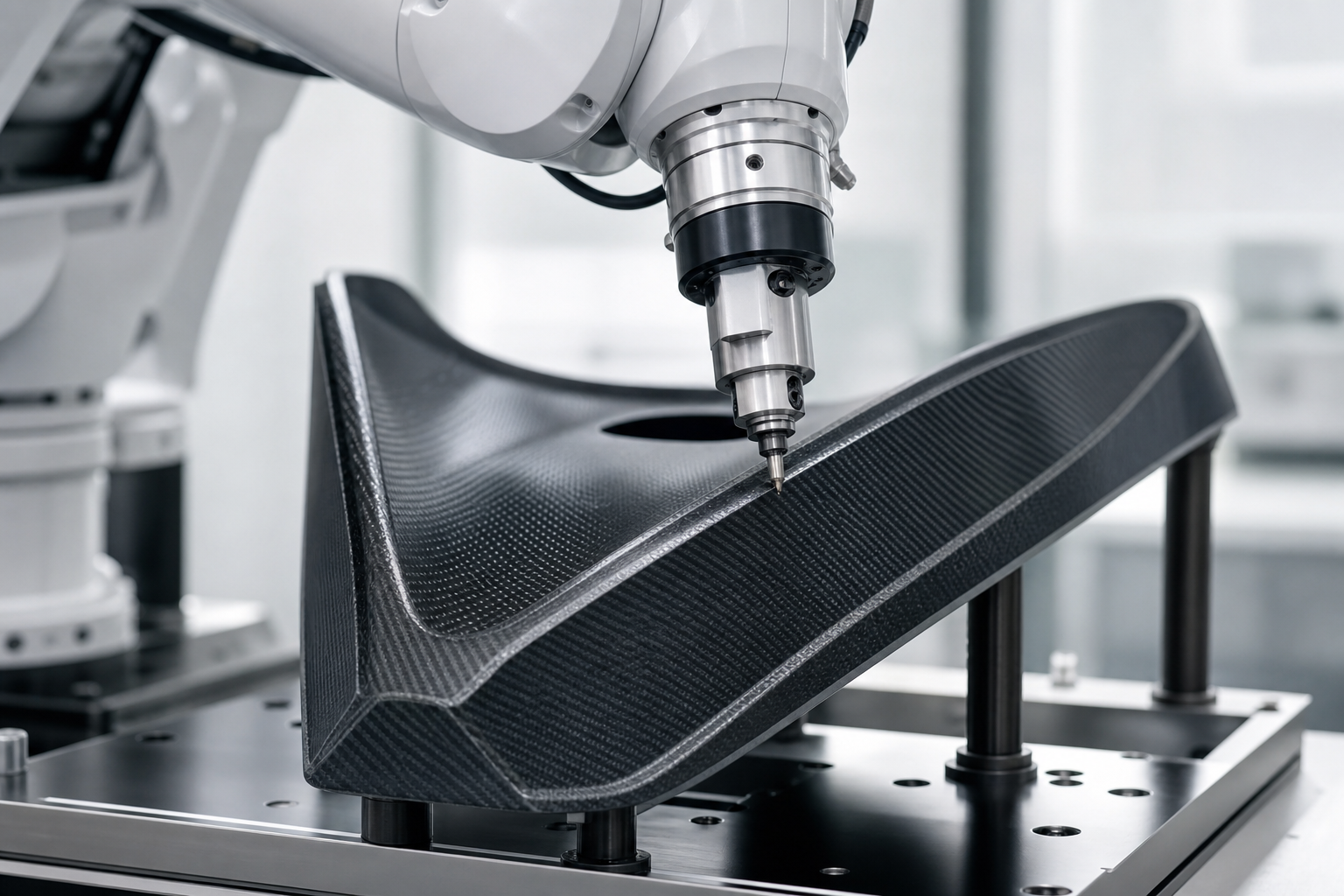 Advanced manufacturing arm shaping a refined composite component made with recycled carbon-fiber feedstock