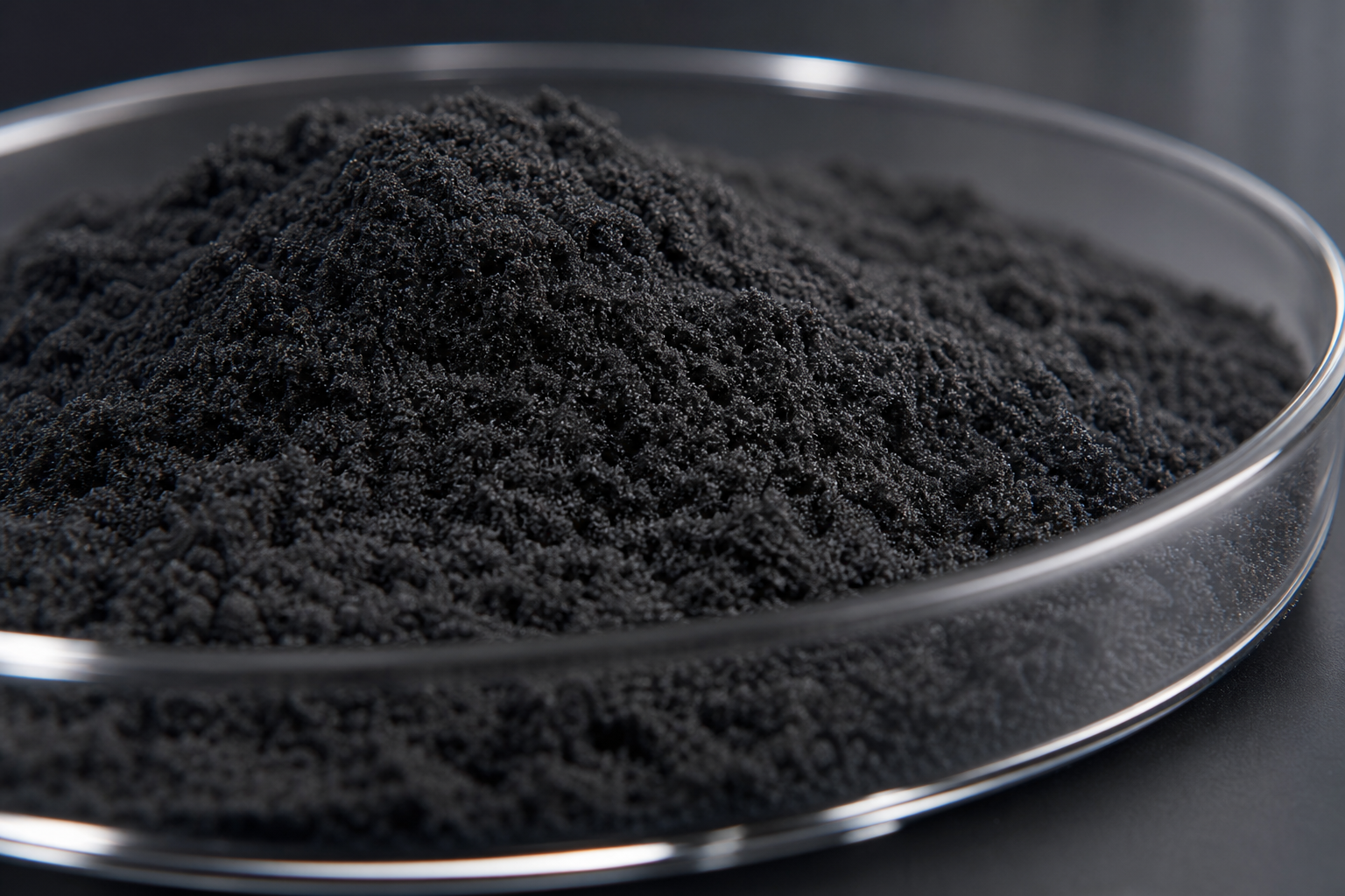 Fine milled recycled carbon-fiber powder spread across a precision sample dish in deep graphite tones