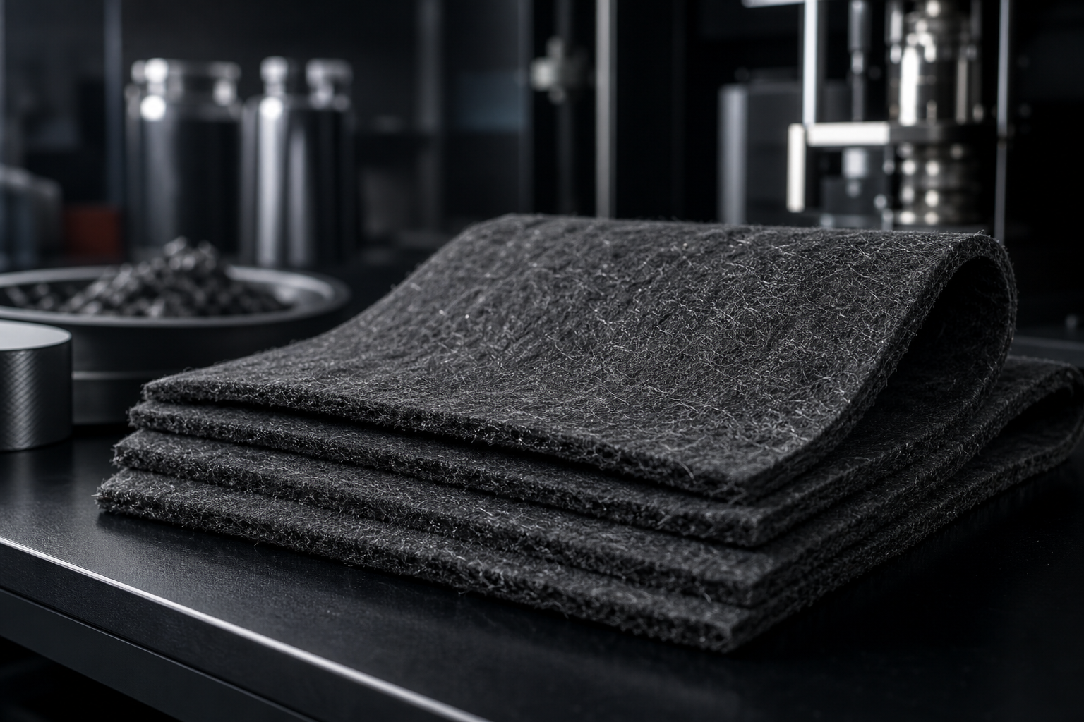 Layered non-woven recycled carbon-fiber mats showing felted structure and tactile woven irregularity