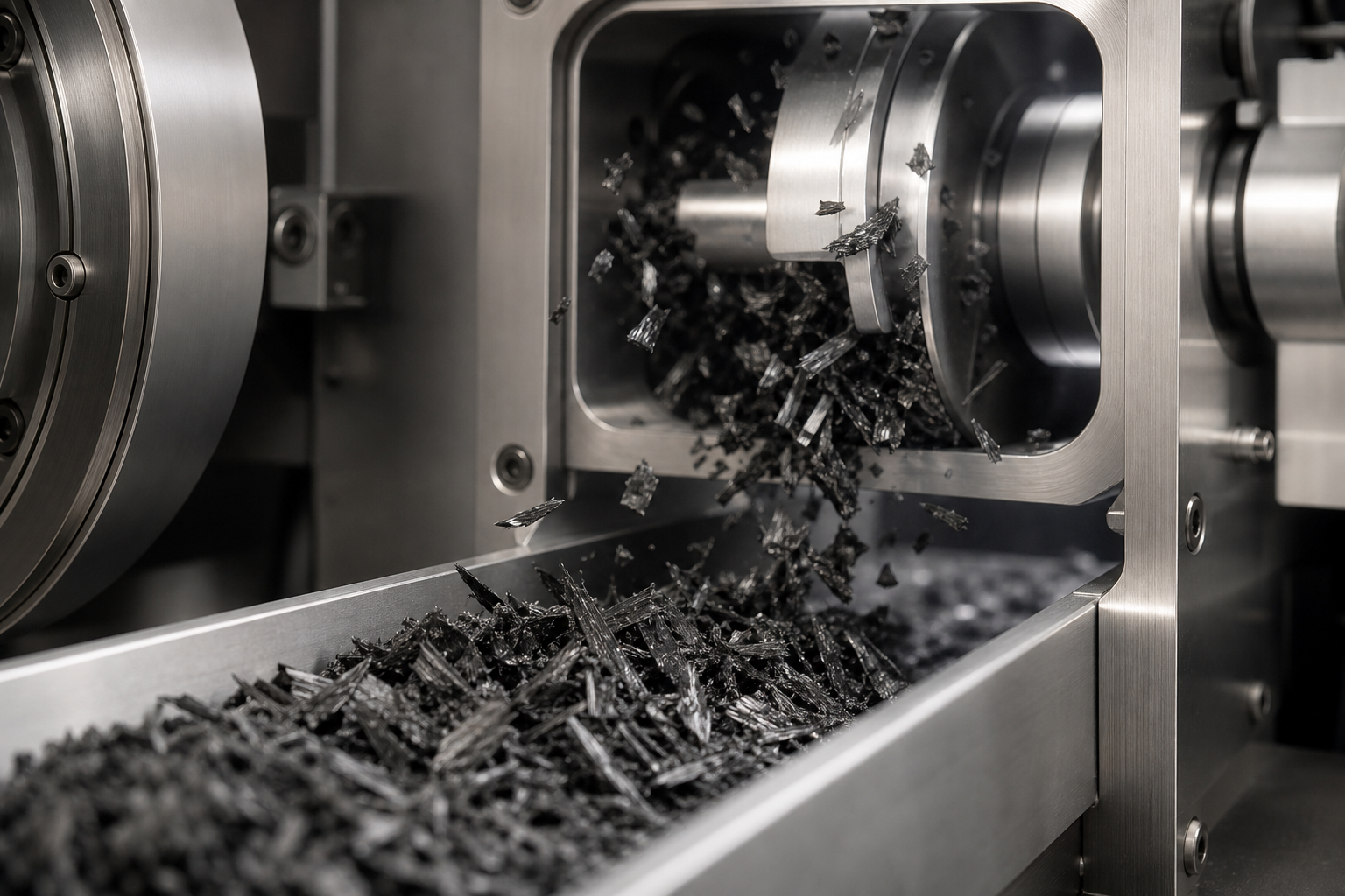 Close-up of carbon-fiber fragments moving through a precision recovery process chamber with metallic tooling