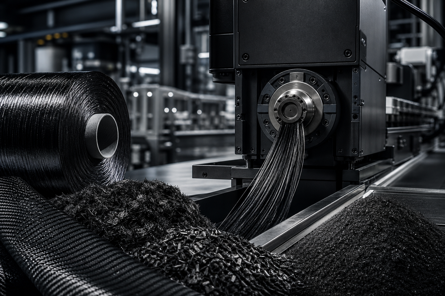 Macro industrial recovery line with carbon-fiber material under controlled processing equipment and precise directional lighting