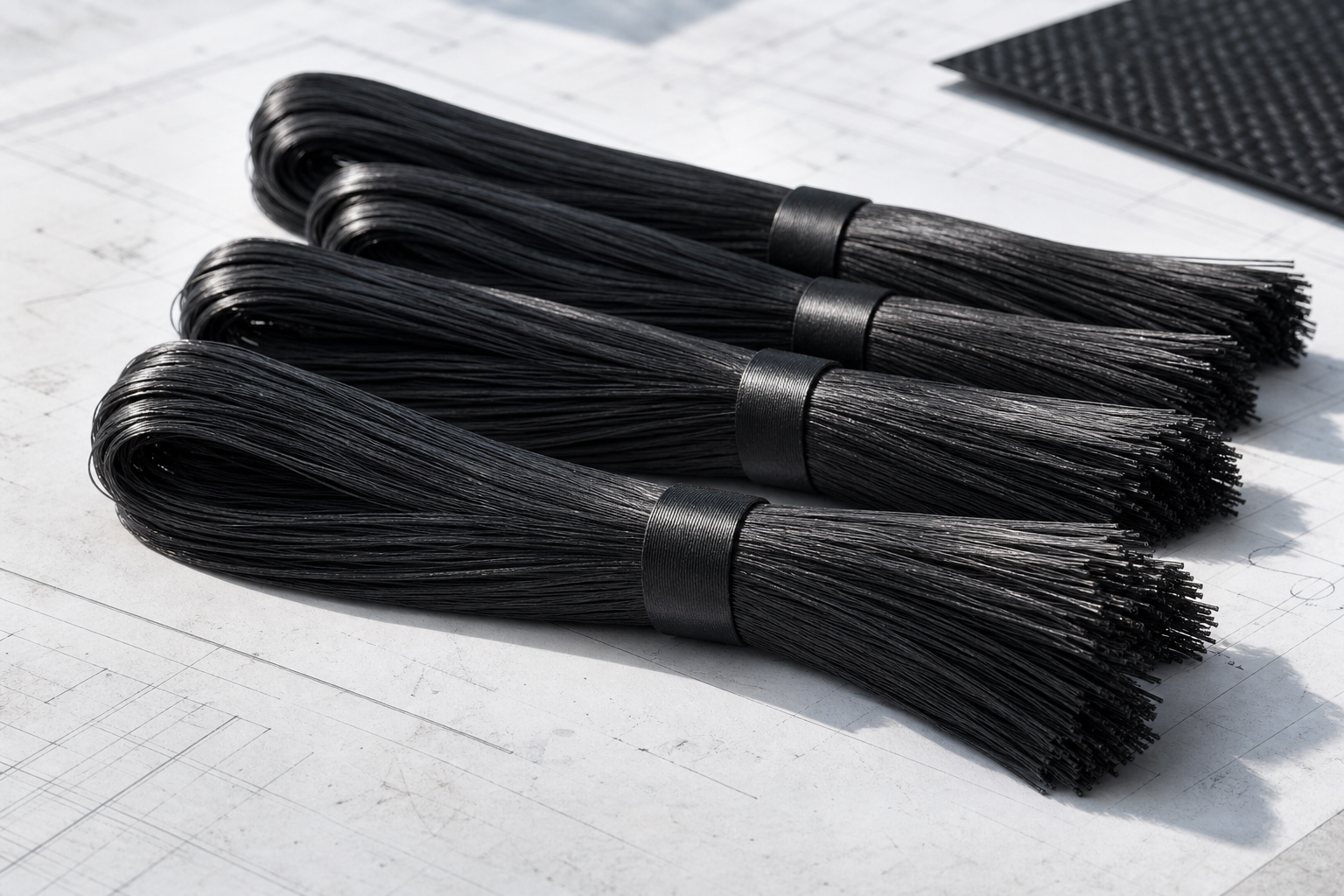 Neat bundles of clean recovered carbon fiber strands with matte black texture on a light technical surface