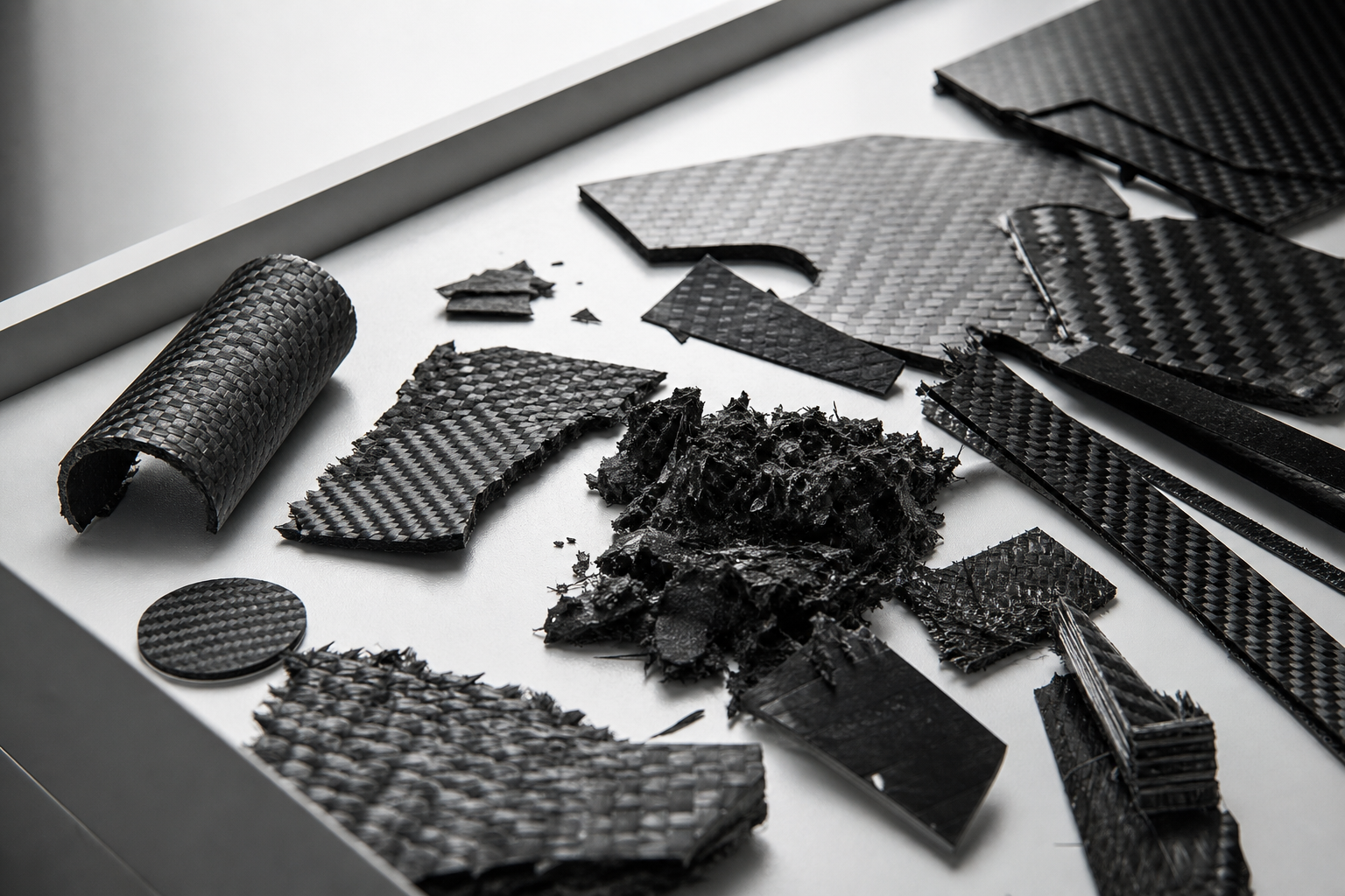 Dark composite offcuts and trimmed carbon-fiber scrap pieces scattered on a clean industrial tray