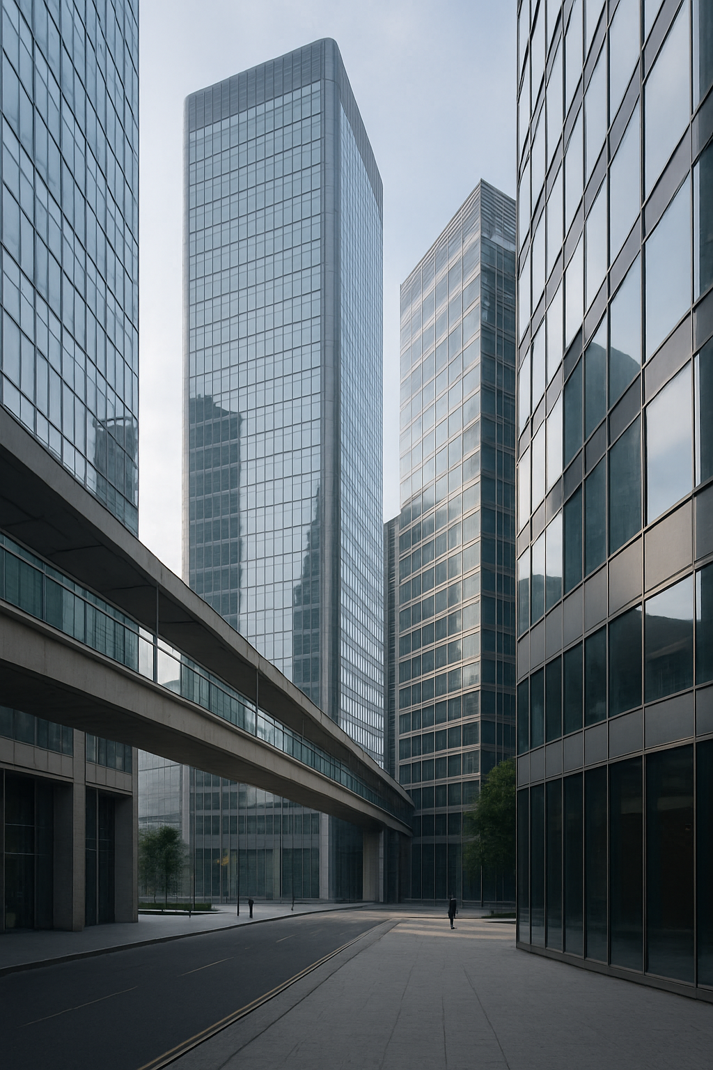 Contemporary financial district architecture with layered glass facades and elevated skybridge lines, suggesting global connectivity and structural clarity