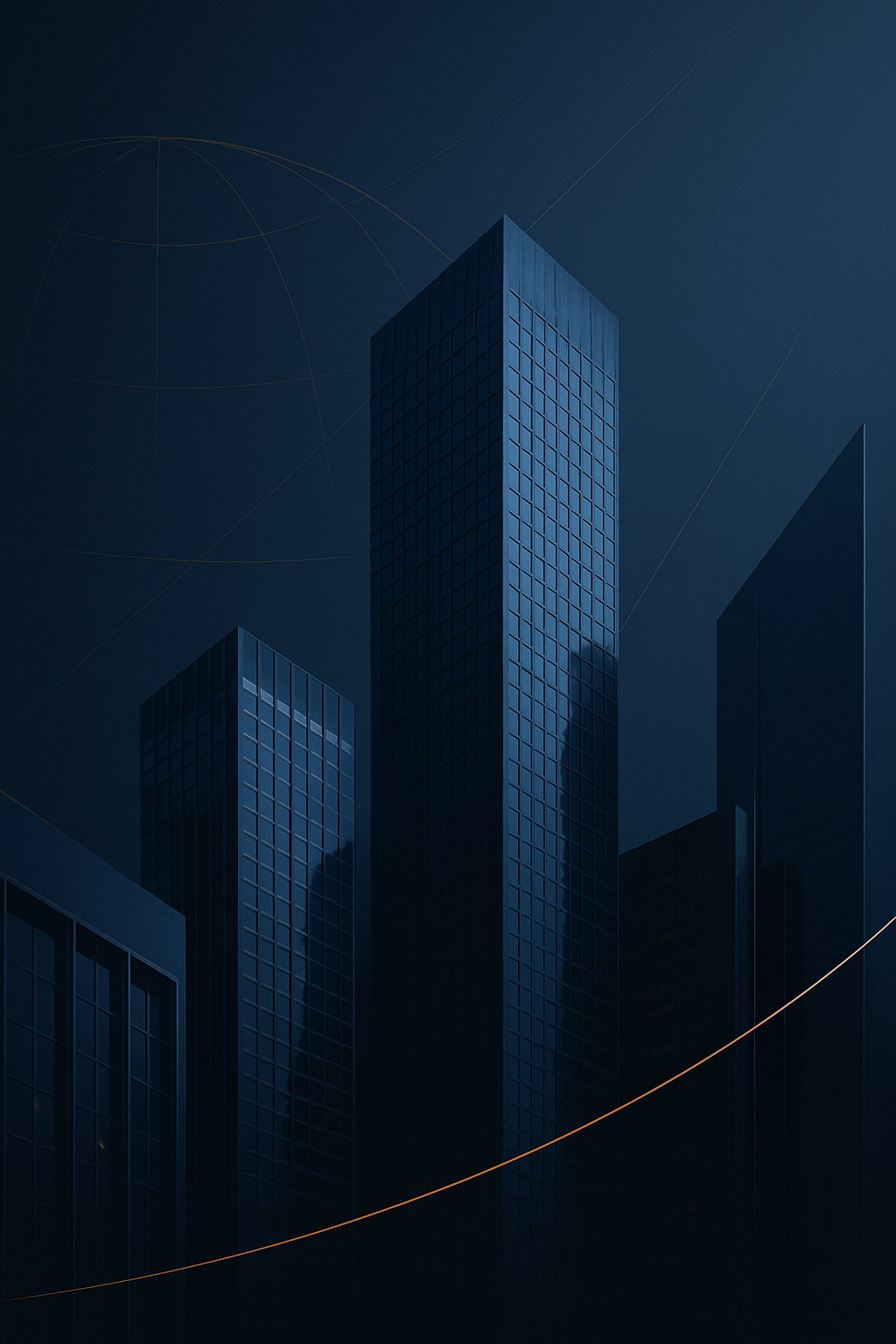Professional corporate skyline and boardroom-inspired architectural composition with navy-toned glass towers, refined structural lines, and restrained gold financial accents
