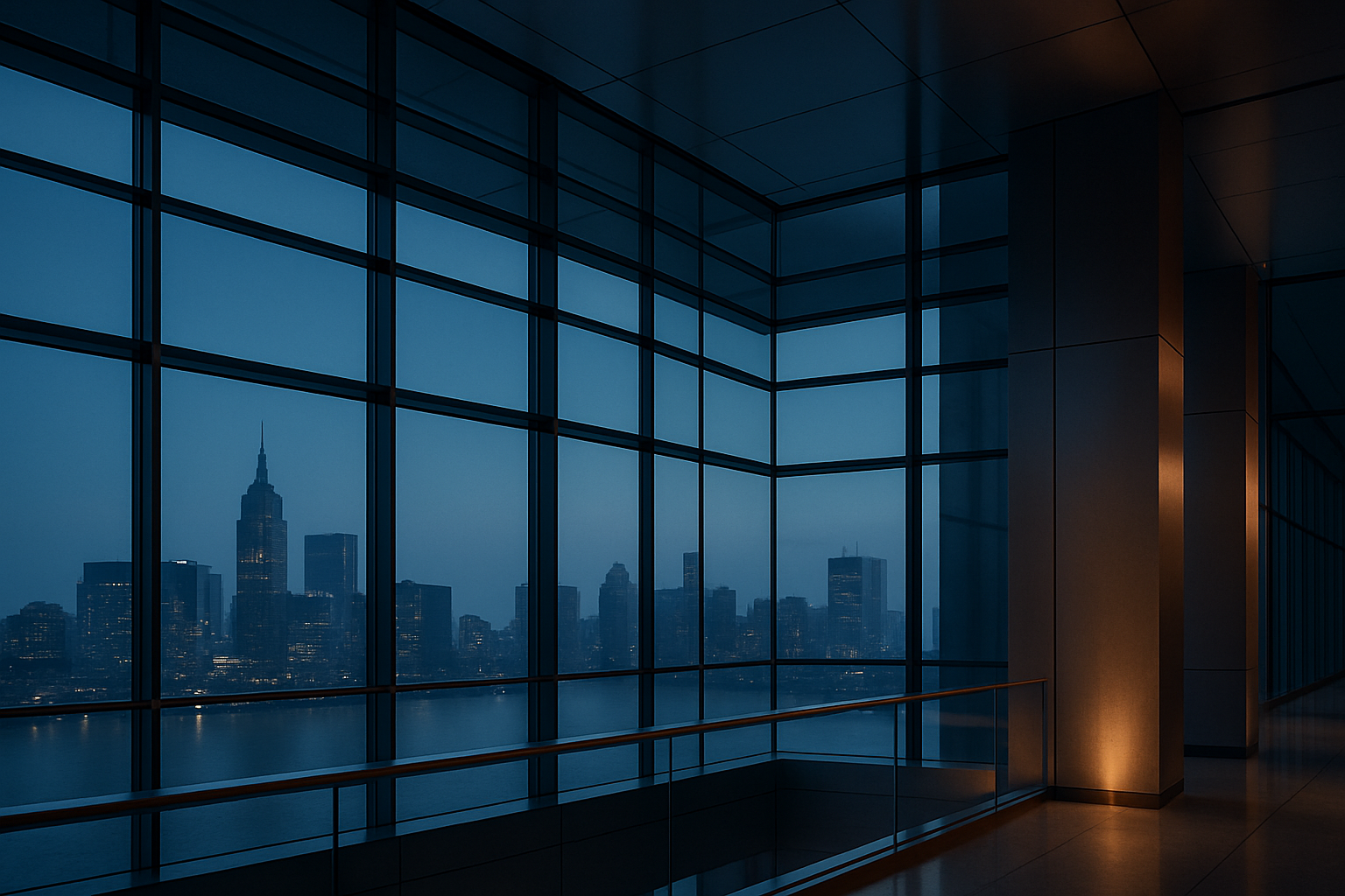 Refined corporate skyline and glass atrium composition symbolizing cross-border capital advisory
