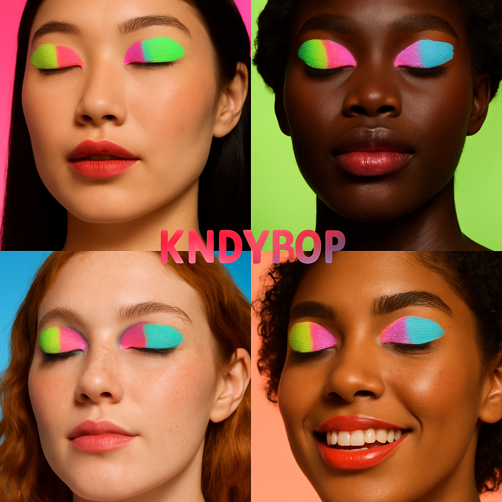 KNDYPOP eye shades in neon and pastel swatches, shown on diverse skin tones