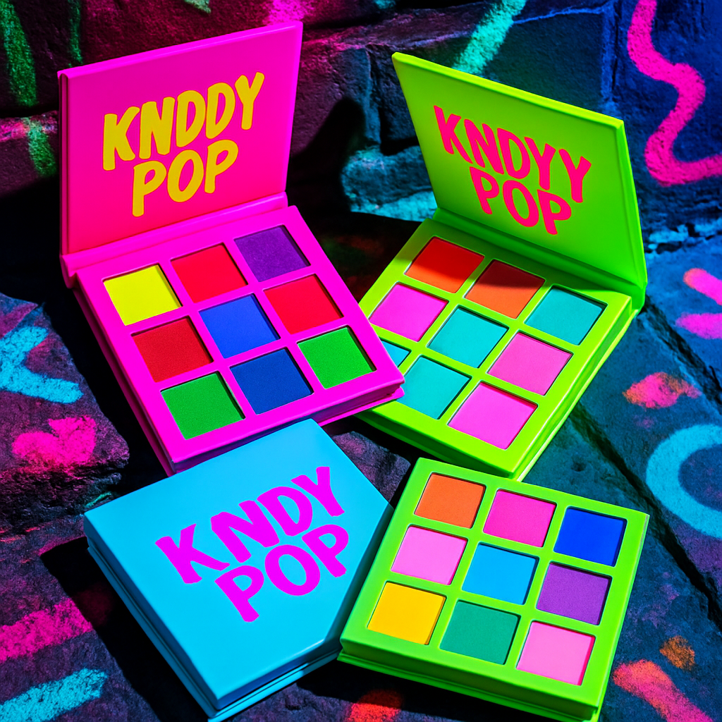 KNDYPOP eye shadow palettes with bold shades, arranged in a playful street-style setup