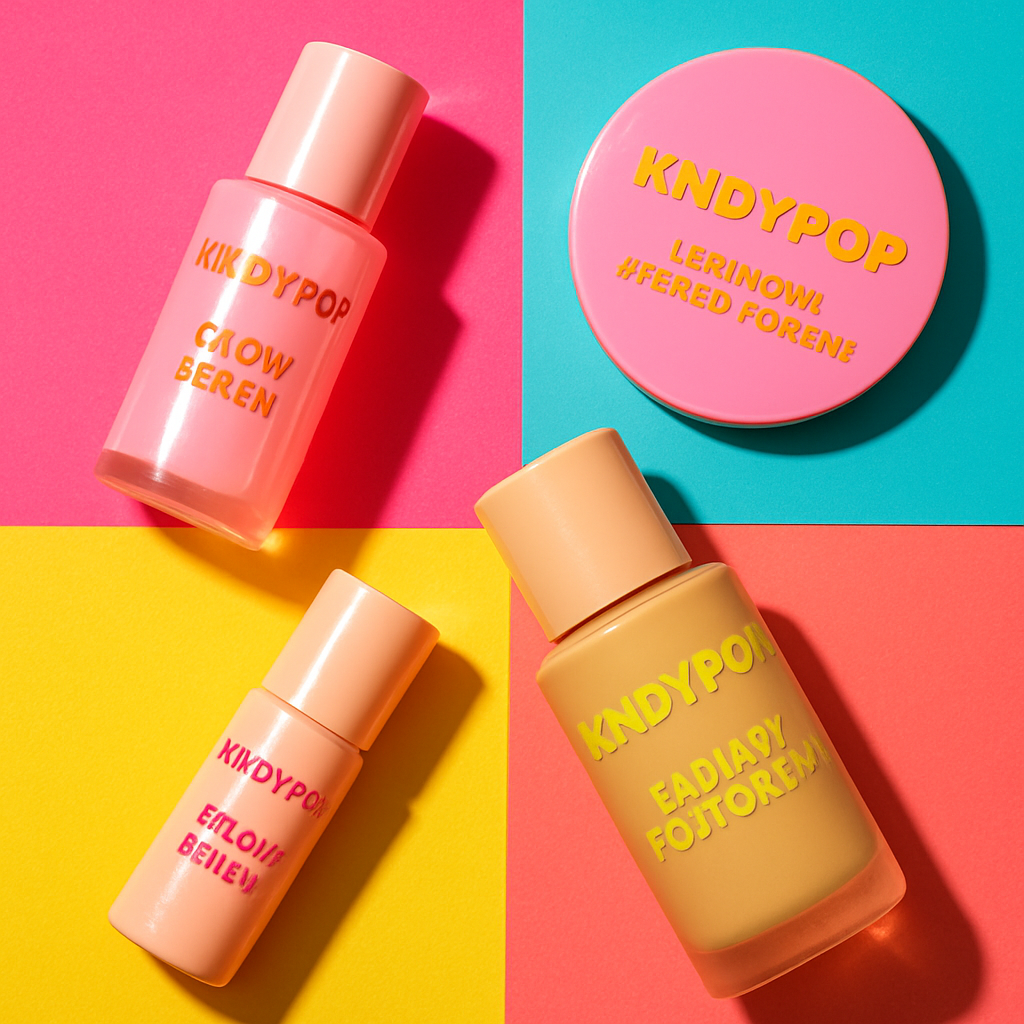 Flatlay of KNDYPOP face products with glowing, reflective highlights on pop backgrounds