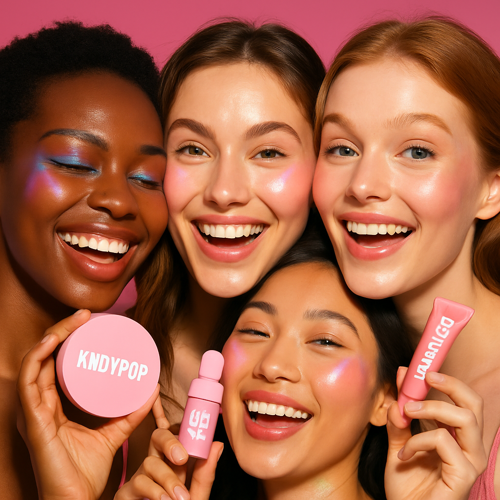 Radiant KNDYPOP face products, shown on glowing, expressive faces