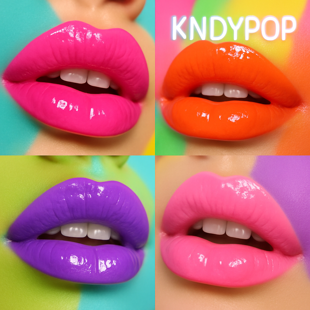 Vivid KNDYPOP lip colours in playful, bold shades, styled on glossy lips