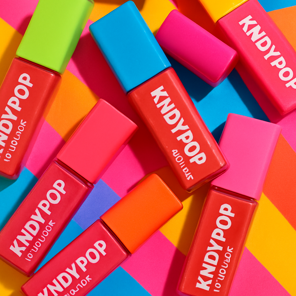Close-up of KNDYPOP lip colour tubes in a dynamic, colourful flatlay